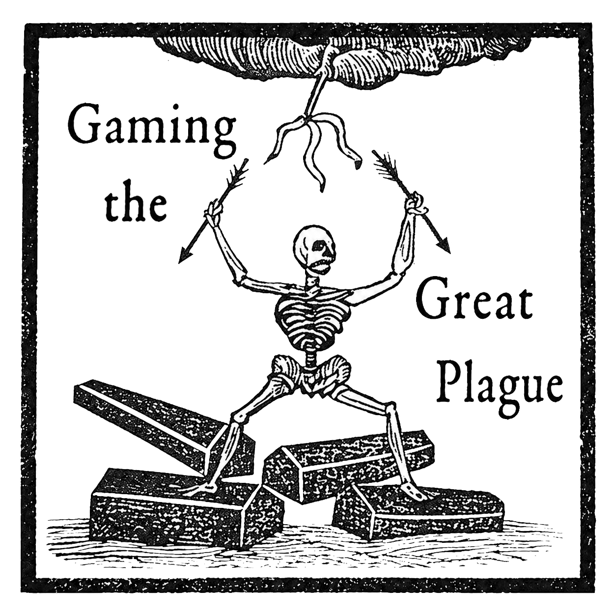 woodcut-style illustration of a skeleton with arrows standing astride three coffins