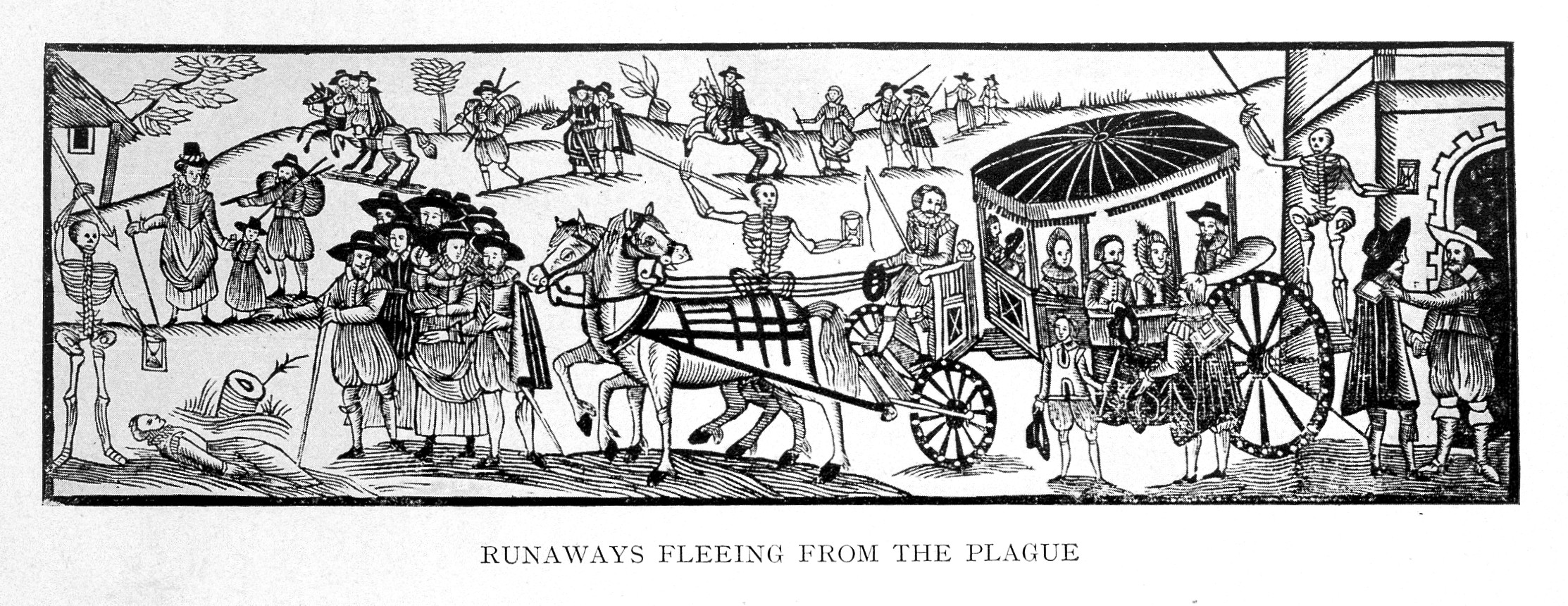 woodcut of people fleeing skeletons entitled 'Runaways fleeing from the plague'